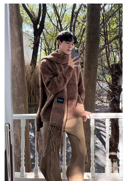 Autumn Warm Sweater Mens Korean Street Simplicity Round Neck Pullover+Solid Color Scarf Two-piece Set Casual Knitted Tops Trend Street King Limited
