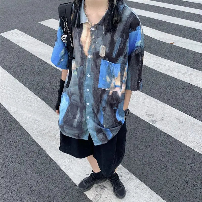 Korean style shirts for men and women 2024 new summer design niche retro tie-dye shirts loose short-sleeved tops trendy y2k tops Street King Limited