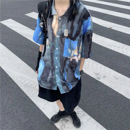 Korean style shirts for men and women 2024 new summer design niche retro tie-dye shirts loose short-sleeved tops trendy y2k tops Street King Limited