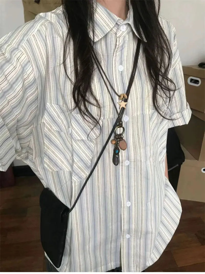 Korean Retro Blue Striped Short-sleeved Shirt for Women Summer 2024 New Niche Design Y2K Loose Half-sleeved Shirt Tops Street King Limited