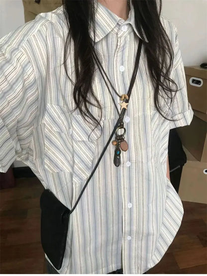 Korean Retro Blue Striped Short-sleeved Shirt for Women Summer 2024 New Niche Design Y2K Loose Half-sleeved Shirt Tops Street King Limited