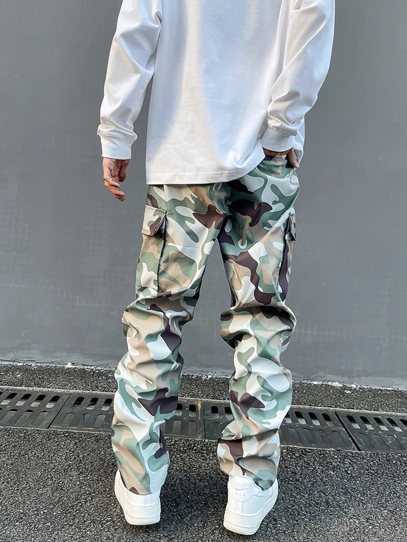 Street Wear Functional Camouflage Cargo Trousers Men Waterproof Pockets Pleated Zip Up Tapered Pants Nylon Belt Men's Clothes Street King Limited