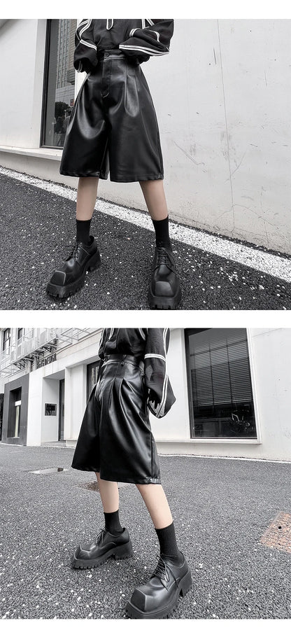 men japanses korean streetwear fashion hip hop loose casual dark black wide leg leather shorts male short pant unique shorts style 917