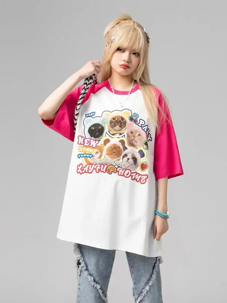 Cat t-shirt women printed raglan sleeves loose casual round neck cute couple half-sleeves y2k top women clothes harajuku kawaii Street King Limited