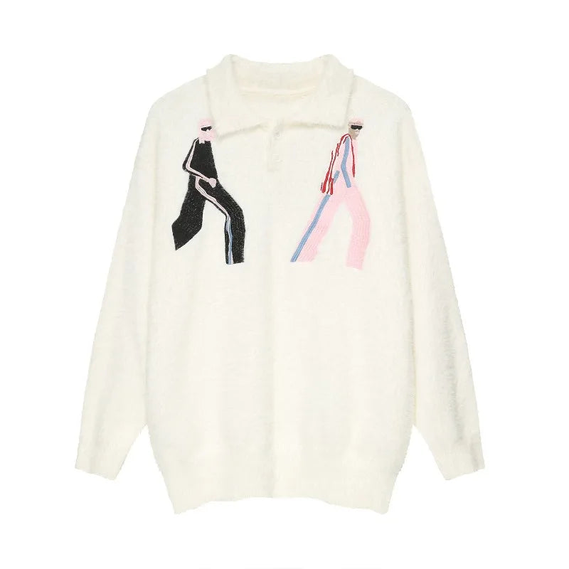 Korean Embroidery Lapel Sweater Mens Spring Street Trends Soft Seahorse Hair Loose Pullover Thickening Y2K Couple Knitwear New Street King Limited