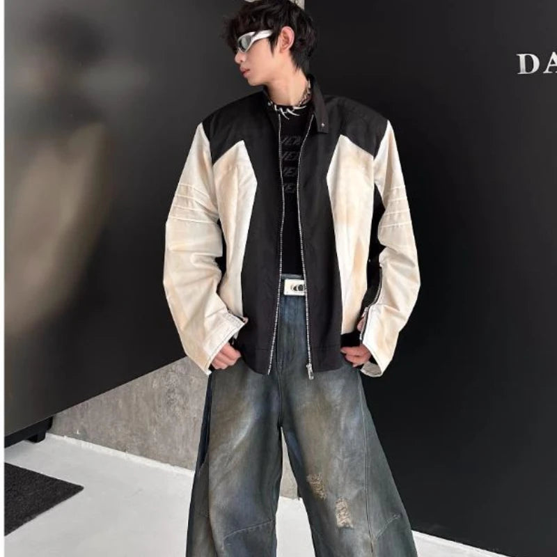 street american color block mens jacket 2024 new autumn zipper patchwork shoulder pads racing coats motorcycle windbreaker menswear bottoms
