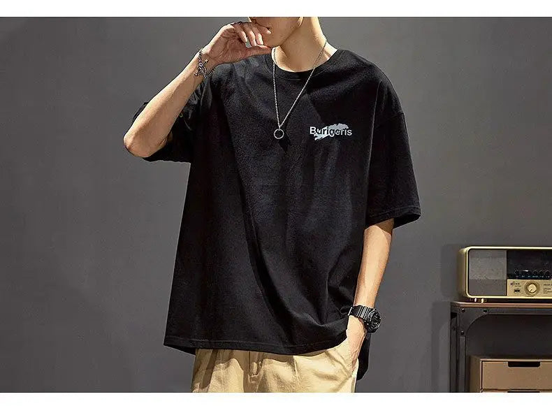 Cotton short-sleeved t-shirt men's ins trendy summer American hip-hop national trend printed loose youth white tops men clothing Street King Limited