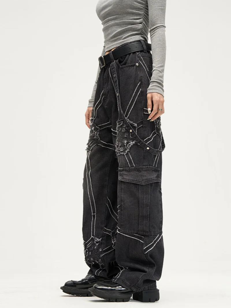 punk belt denim jeans pants women harajuku streetwear side pocket cotton men unisex casual baggy joggers straight pants trousers streetwear sweatpants