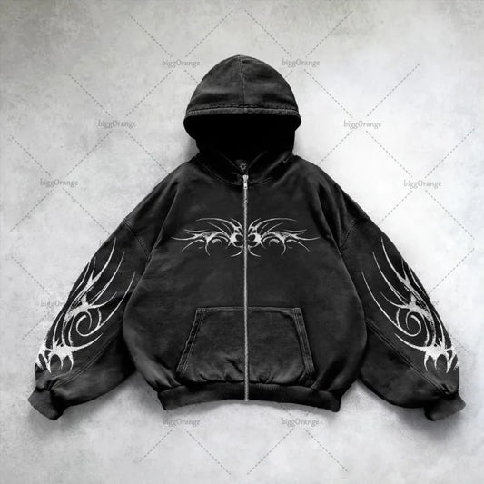 Gothic Punk Graphic Print Oversized Sweatshirt High Street Harajuku Y2K Streetwear Jacket Men Hip Hop Retro Casual Zipper Hoodie Street King Limited