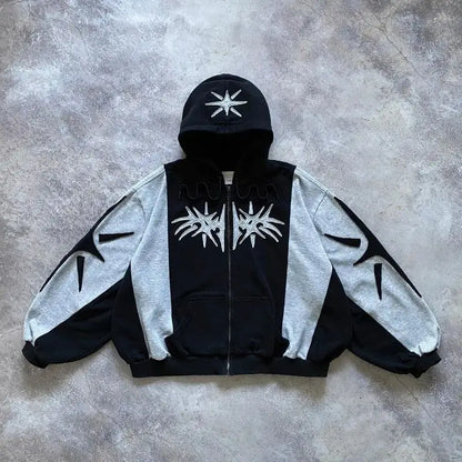 Y2k Patch Design Loose Zip Hoodies for men Geometric Pattern Splicing Sweatshirt Gothic Streetwear Oversized Casual Men Clothing Street King Limited