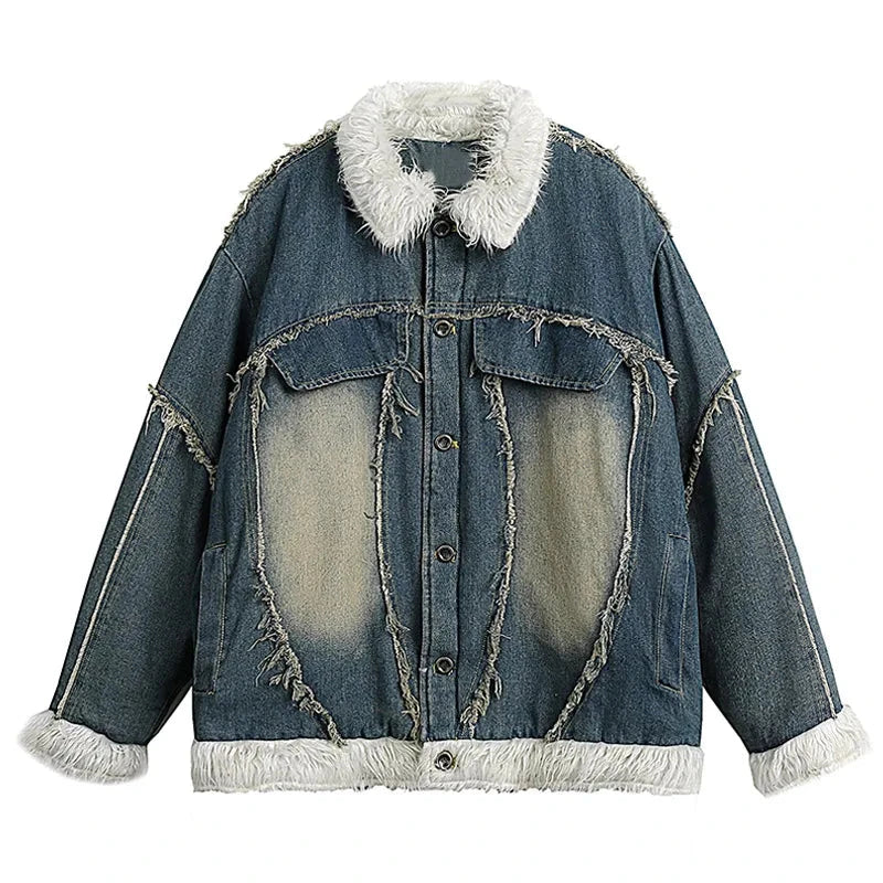 Men's Winter Washed Denim Jacket American Vintage Plush Lapel Parka Thickened Oversized Down Jacket Versatile Trendy Warm Coat Street King Limited