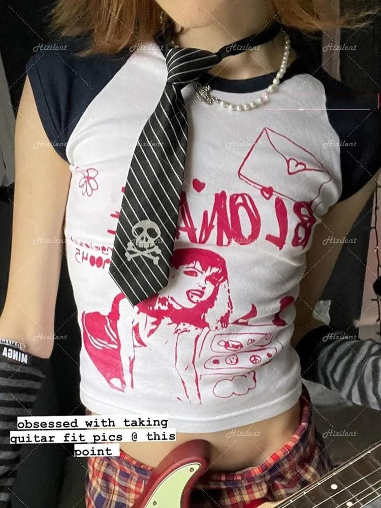 Kawaii Graphic Women Crop Tops Harajuku baby tee Y2K Goth Short Sleeve Streetwear Print Clothes T-shirt emo scene Vintage Grunge Street King Limited
