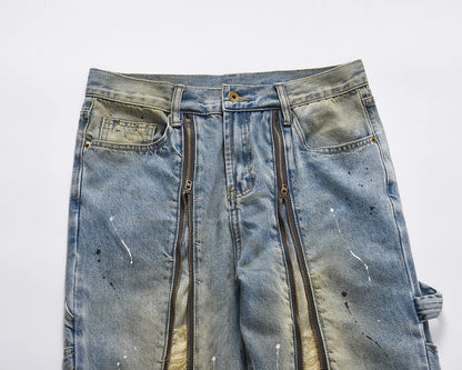 front zipper hole distressed washed vintage mens jeans pants harajuku y2k straight ink painted baggy denim trousers oversized unique jeans style 1972