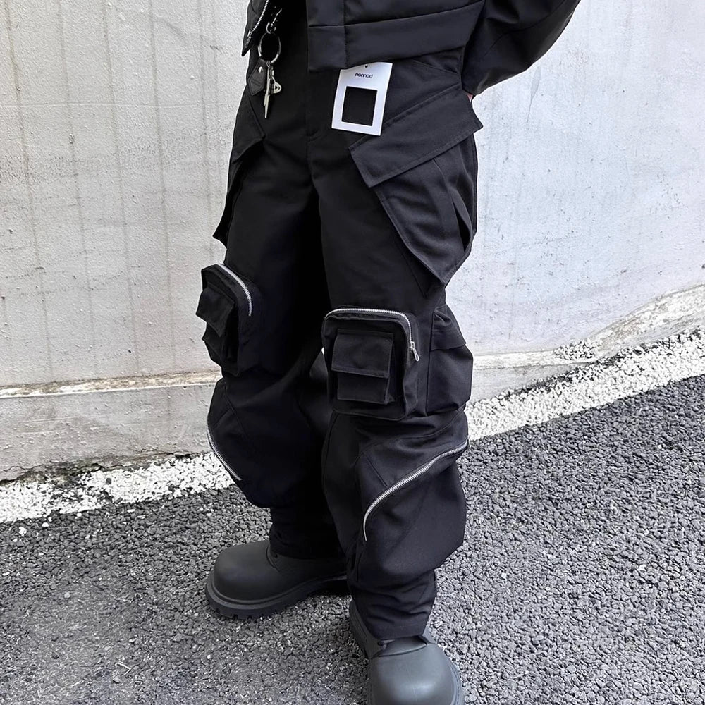 high street multi pokcets functional wide leg cargo pants unisex black straight baggy y2k overalls oversized loose trousers unique cargo style 427