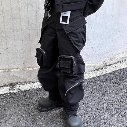 high street multi pokcets functional wide leg cargo pants unisex black straight baggy y2k overalls oversized loose trousers unique cargo style 427