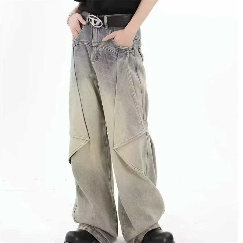 2024 new hip hop wide leg jeans for men washed distressed baggy denim trousers high street deconstruction cargo jean y2k pants utility cargo pants