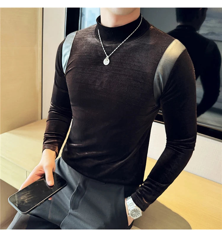 Turtleneck Stretch Slim-fit T-shirt Men Long Sleeve Thicken Elastic Velvet Retro Fashion Casual Tshirt Handsome Man T Shirts Street King Limited