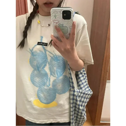 Summer Korean Street Printed Short-sleeved T Shirt Fashionable Women Retro Hip-hop Y2K Personality Harajuku Loose Design Top Ins Street King Limited