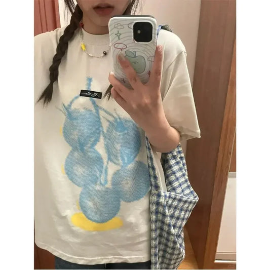 Summer Korean Street Printed Short-sleeved T Shirt Fashionable Women Retro Hip-hop Y2K Personality Harajuku Loose Design Top Ins Street King Limited