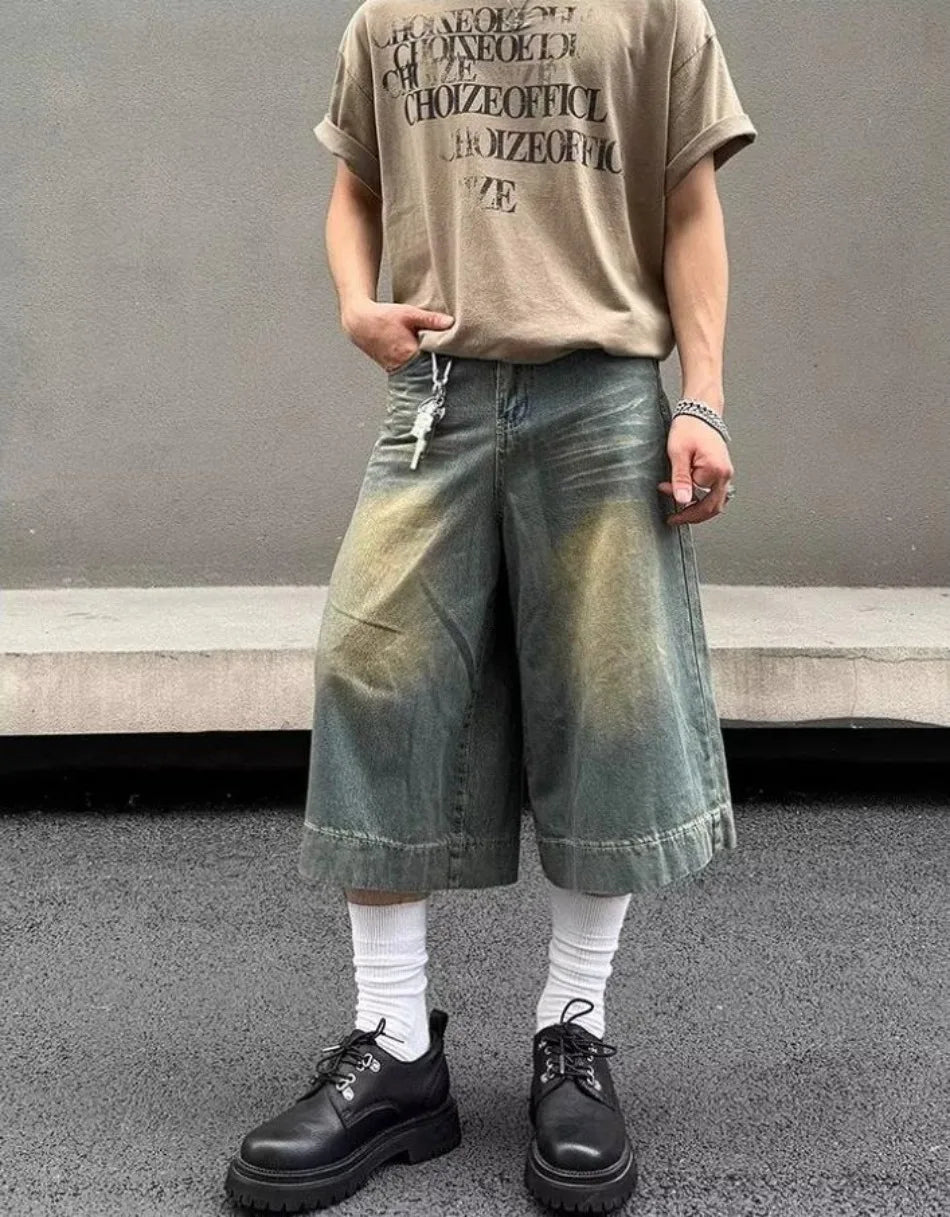Summer Trend Denim Cropped Trousers Mens American Hip Hop Washed Wide Leg Shorts Unisex  High Street Straight Cowboy Mid Pants Street King Limited