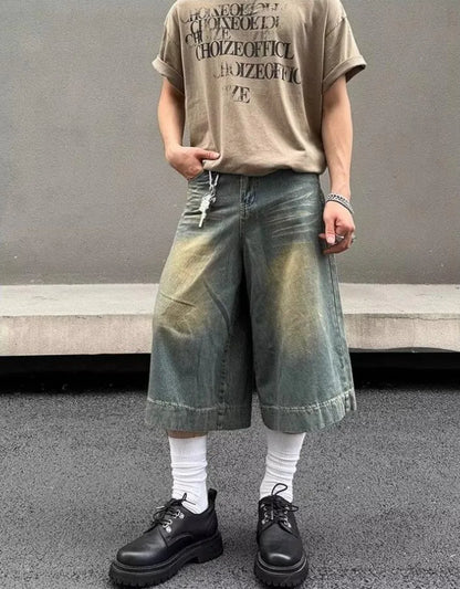 Summer Trend Denim Cropped Trousers Mens American Hip Hop Washed Wide Leg Shorts Unisex  High Street Straight Cowboy Mid Pants Street King Limited