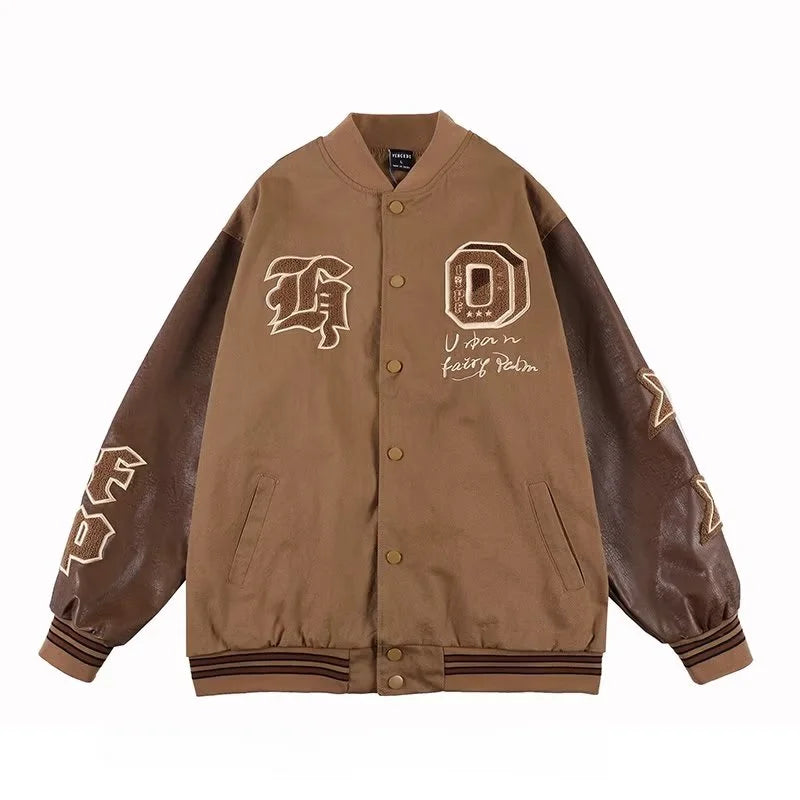 american retro mens baseball uniform street harajuku patchwork leather loose jackets color block towel embroidery trend coats unique default style 2937