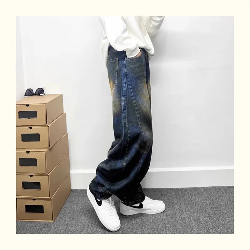 autumn hip hop graffiti painted baggy jeans mens y2l streetwear wide leg denim pants punk fashion distressed gradient jean unique jeans style 278