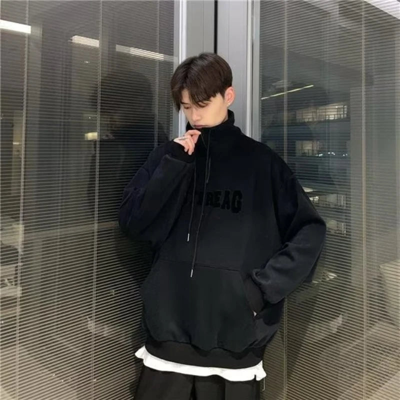 Street Half Zip Hoodie Mens Spring New Vintage Letter Embroidery Loose Sweatshirt Drawstring High Collar Big Pocket Pullover Top Street King Limited