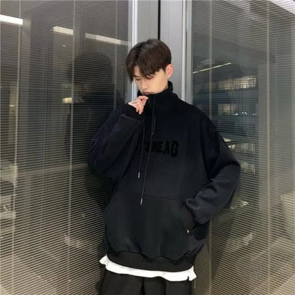 Street Half Zip Hoodie Mens Spring New Vintage Letter Embroidery Loose Sweatshirt Drawstring High Collar Big Pocket Pullover Top Street King Limited