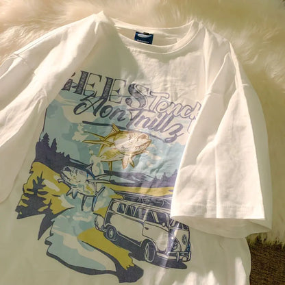 Pure cotton Japanese milk yellow cartoon car print short-sleeved T-shirt for men and women trendy loose and versatile clothes Street King Limited