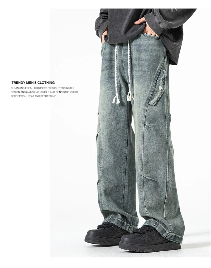 2025 new hip hop multi pockets straight jeans for men high street cargo denim pants spring y2k vintage distressed baggy jean unique cargo style 3358