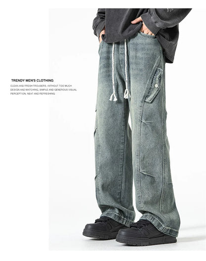 2025 new hip hop multi pockets straight jeans for men high street cargo denim pants spring y2k vintage distressed baggy jean unique cargo style 3358