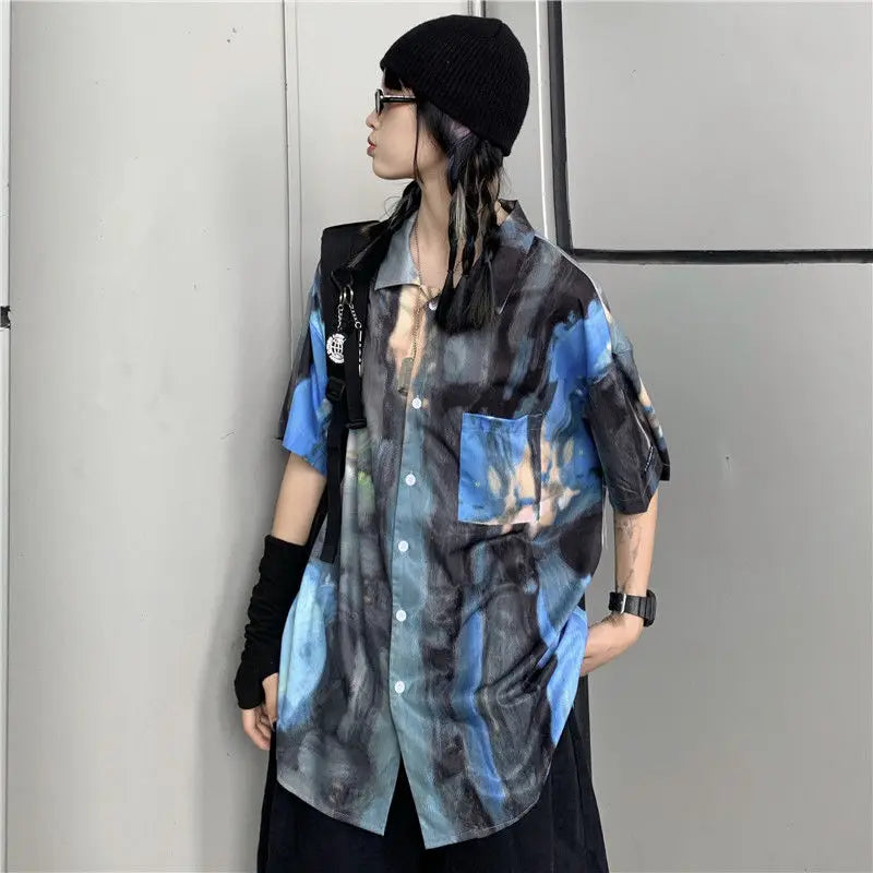 Korean style shirts for men and women 2024 new summer design niche retro tie-dye shirts loose short-sleeved tops trendy y2k tops Street King Limited