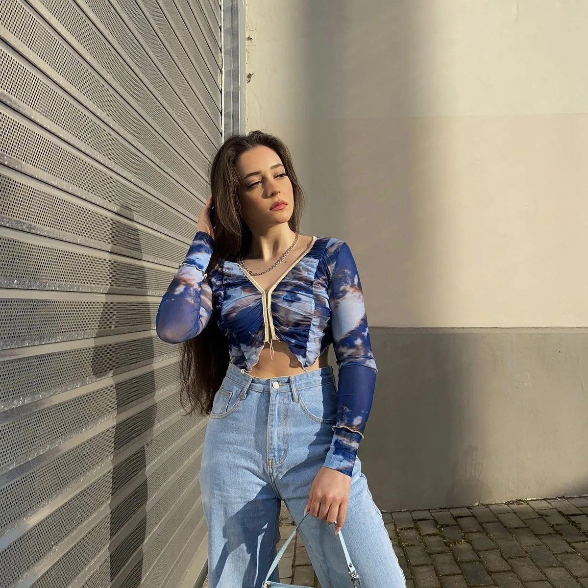 Spring Aesthetic Vintage Blue Tie Dye Elastic Slim Sexy Crop Tops Long Sleeve Hollow V-neck Woman Tshirts Streetwear Hot Girl Street King Limited
