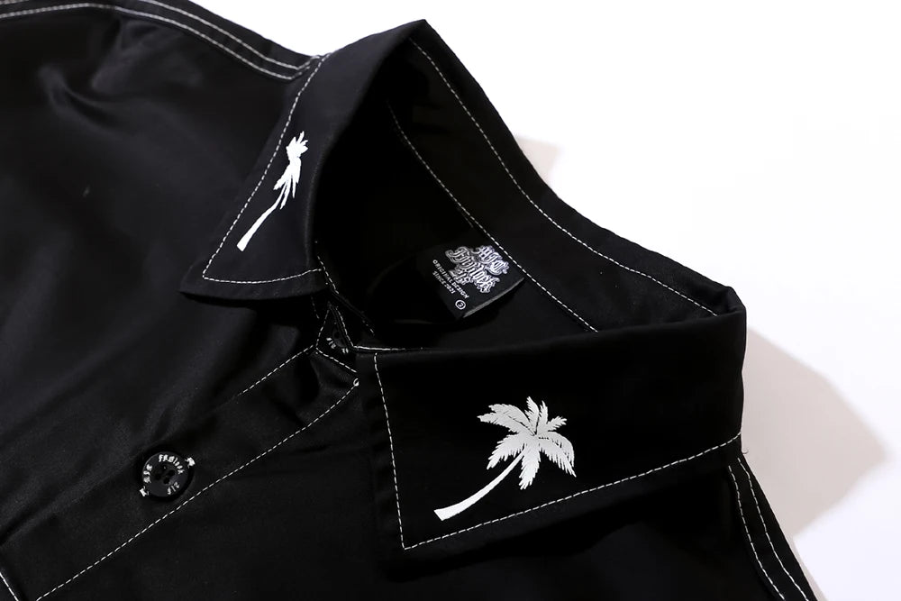 Trees Print On the Neck Black Long Sleeve Shirts for Men High Street Baggy Y2k Camisas Oversized Harajuku Casual Clothing Street King Limited