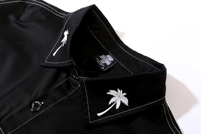 Trees Print On the Neck Black Long Sleeve Shirts for Men High Street Baggy Y2k Camisas Oversized Harajuku Casual Clothing Street King Limited