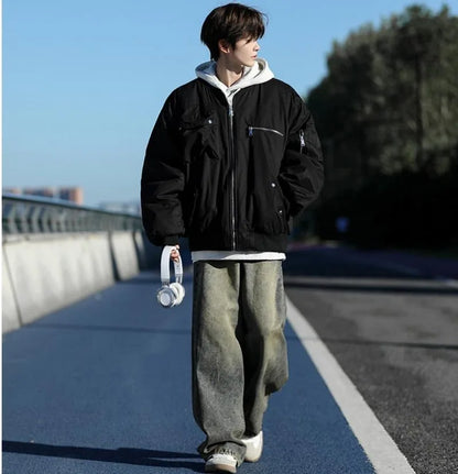 High Street Pilot Cotton Jackets Mens Thickening Winter Tooling Trendy Profile Warm Bomber Coats Unisex Baseball Collar Parkas Street King Limited