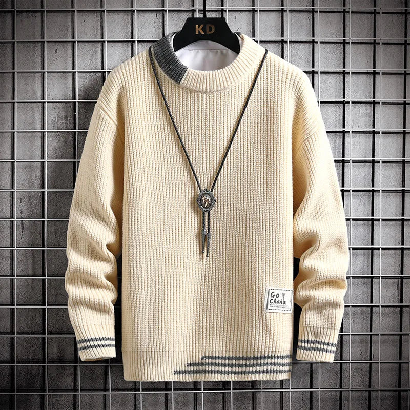 Autumn Winter Men Sweater Warm Top New Fashion Stitching Color Matching Pullover Round Neck Sweater Thickened Knitted Sweater Street King Limited