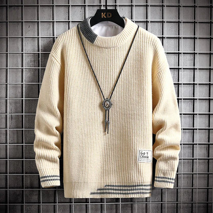 Autumn Winter Men Sweater Warm Top New Fashion Stitching Color Matching Pullover Round Neck Sweater Thickened Knitted Sweater Street King Limited