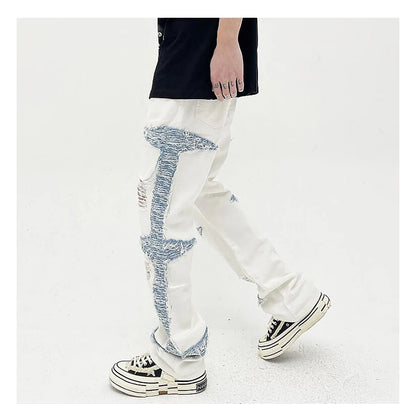 mens high street denim jean pants casual loose destroyed ripped holes straight jeans side patchwork hip hop streetwear joggers unique joggers style 1734