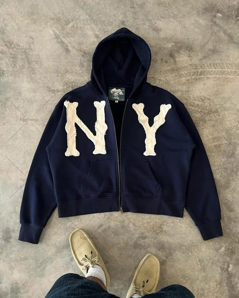 American Street Zipper Hoodie Men Harajuku Letters High Street All-match Casual Jacket Embroidered Oversized Sweatshirt Women Street King Limited
