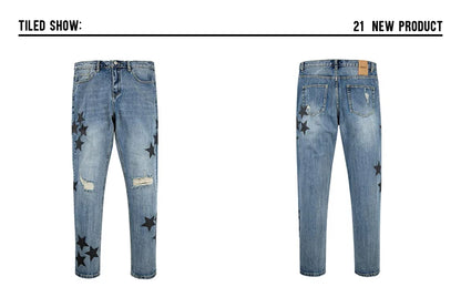 fashion ripped destroied jeans trousers distressed biker jeans with stars high street slim pants joggers denim jeans for men unique joggers style 2251