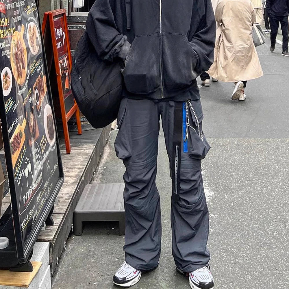 y2k blue zipper multi pocekts baggy cargo pants for men straight pantalones hombre casual trousers oversized hip hop overalls unique cargo style 2342
