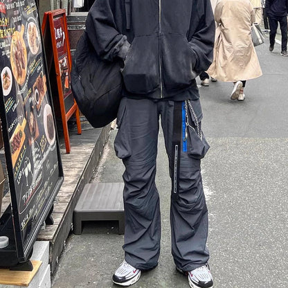 y2k blue zipper multi pocekts baggy cargo pants for men straight pantalones hombre casual trousers oversized hip hop overalls unique cargo style 2342