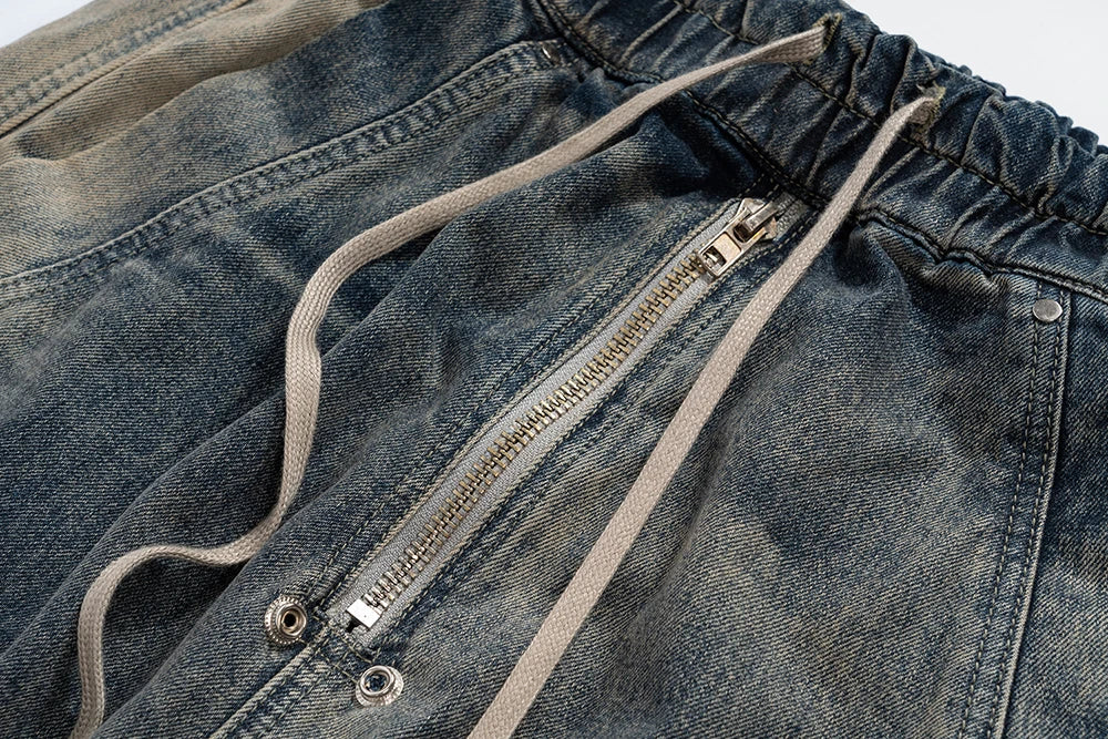 RO Style Gradient Ribbons Multi-pockets Drawstring Jeans for Men Harajuku Streetwear Baggy Y2K Denim Trousers Oversized Cargos Street King Limited