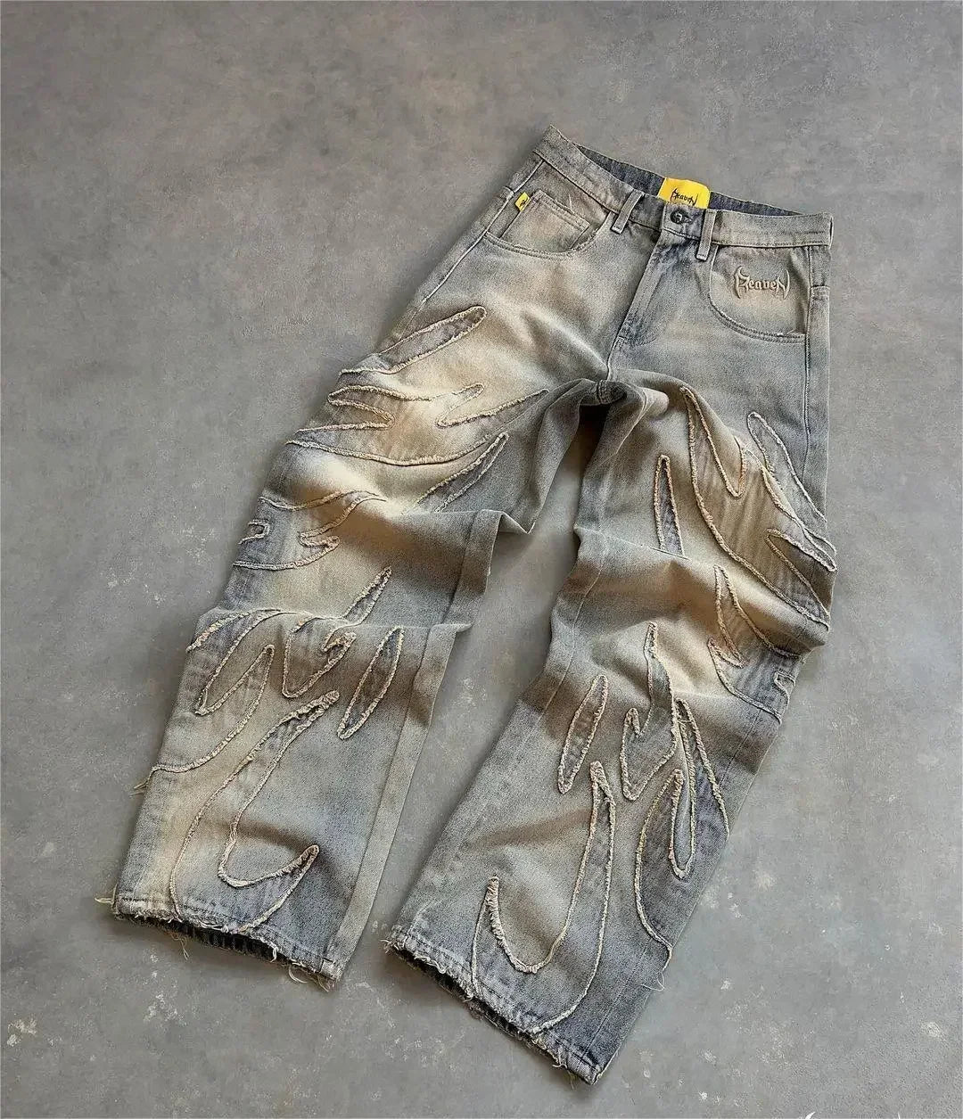 vintage y2k hip hop punk raw edge embroidery jeans black baggy jeans for men pattern patchwork high waisted denim pants unique jeans style 3911