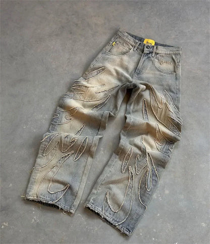 vintage y2k hip hop punk raw edge embroidery jeans black baggy jeans for men pattern patchwork high waisted denim pants unique jeans style 3911