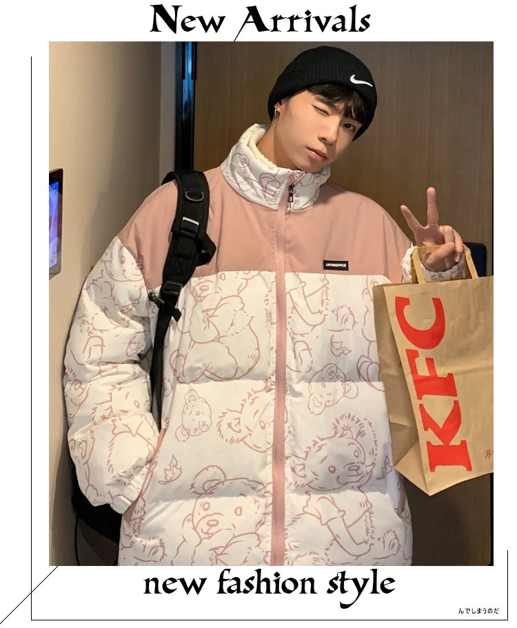 Men Japanese Streetwear Puffer Jackets 2023 Winter Mens Full Print Fashions Bubble Coat Couple Patchwork Thick Parkas Street King Limited