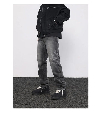 mens hip hop streetwear denim pants cobweb embroidery denim pants 2023 harajuku zipper cotton joggers jeans trousers harem pants unique joggers style 921