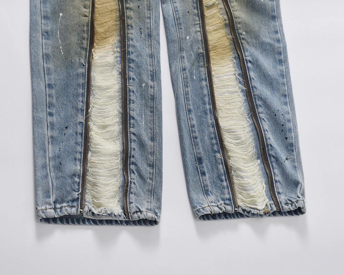 front zipper hole distressed washed vintage mens jeans pants harajuku y2k straight ink painted baggy denim trousers oversized stacked flare jeans